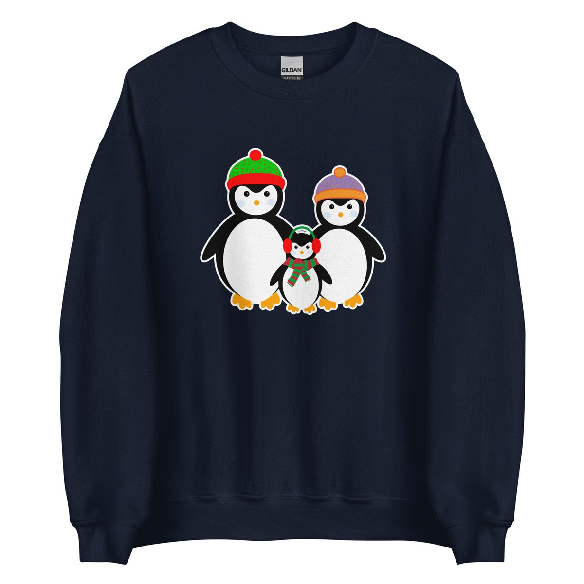 Navy sweatshirt with penguin family graphic on front.