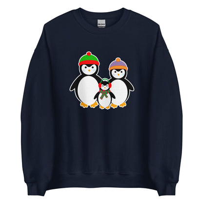 Navy sweatshirt with penguin family graphic on front.