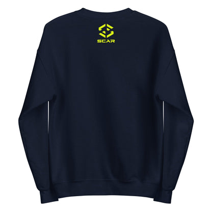 Navy sweatshirt back with yellow SCAR logo near upper center.