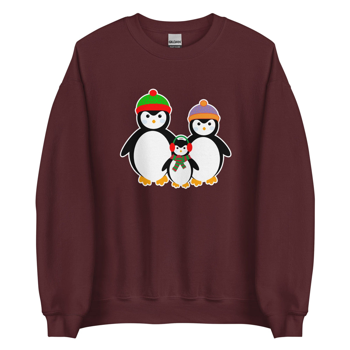 Maroon sweatshirt with penguin family graphic on front.