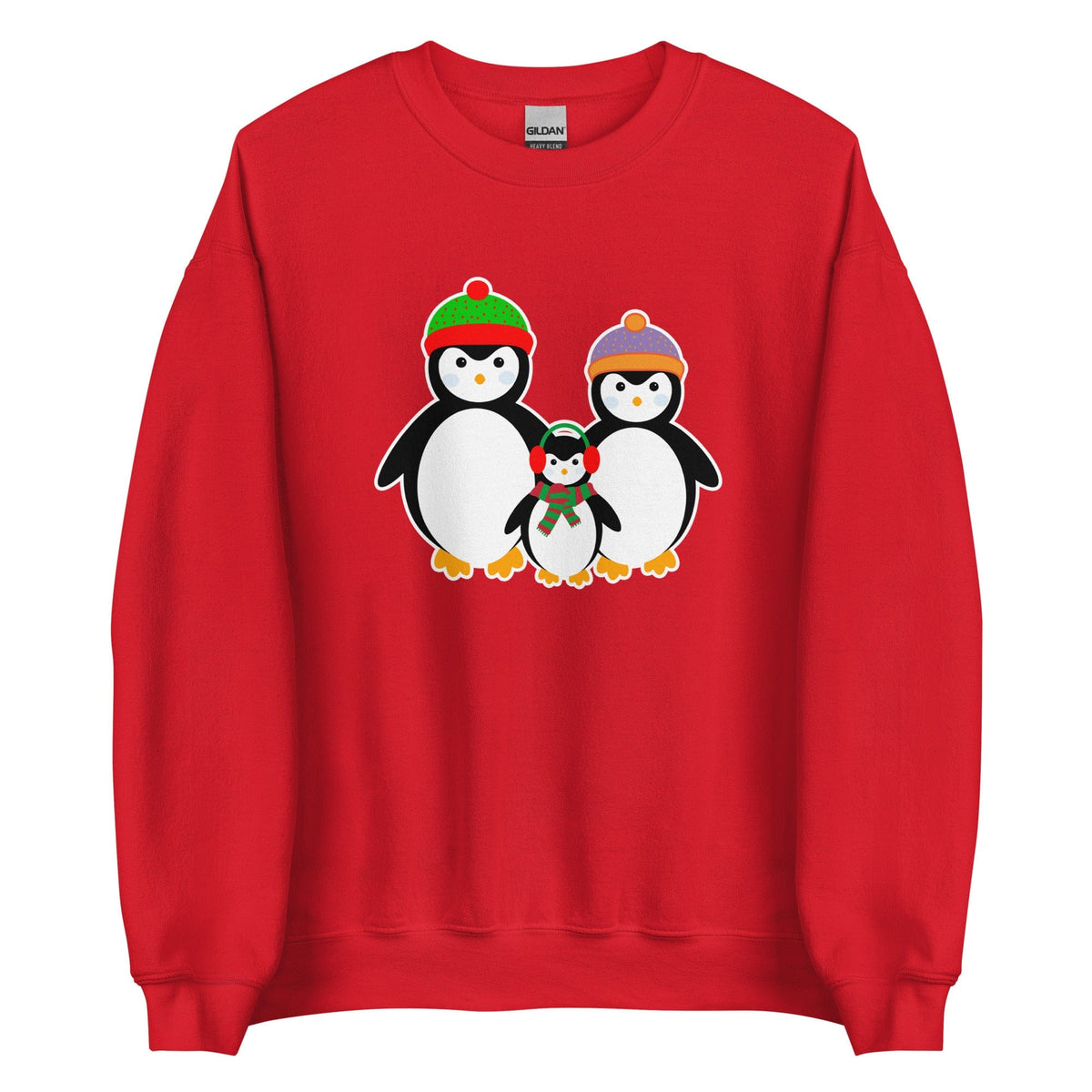 Red Penguin Family sweatshirt with penguin family graphic on front