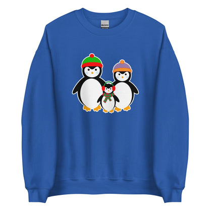 Royal blue Penguin Family sweatshirt with penguin family graphic on front