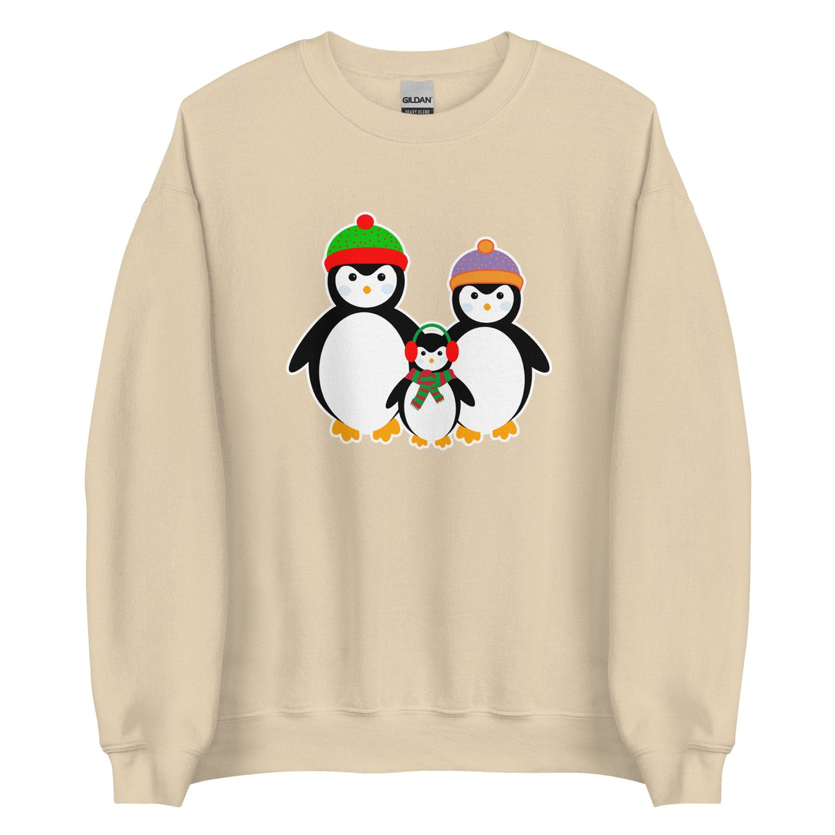 Sand Penguin Family sweatshirt with penguin family graphic at the chest