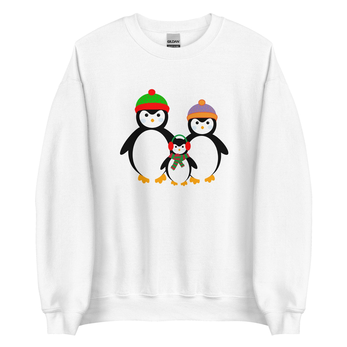 White sweatshirt with penguin family graphic on front
