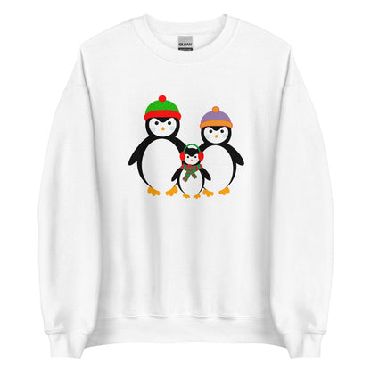 White sweatshirt with penguin family graphic on front