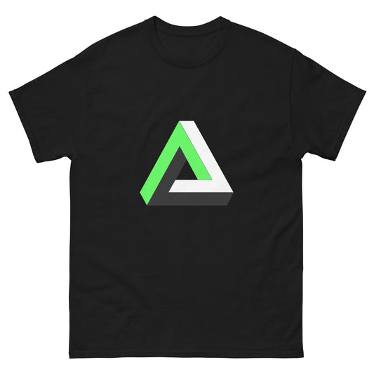 Black T-shirt with green-and-white Penrose triangle graphic on the chest