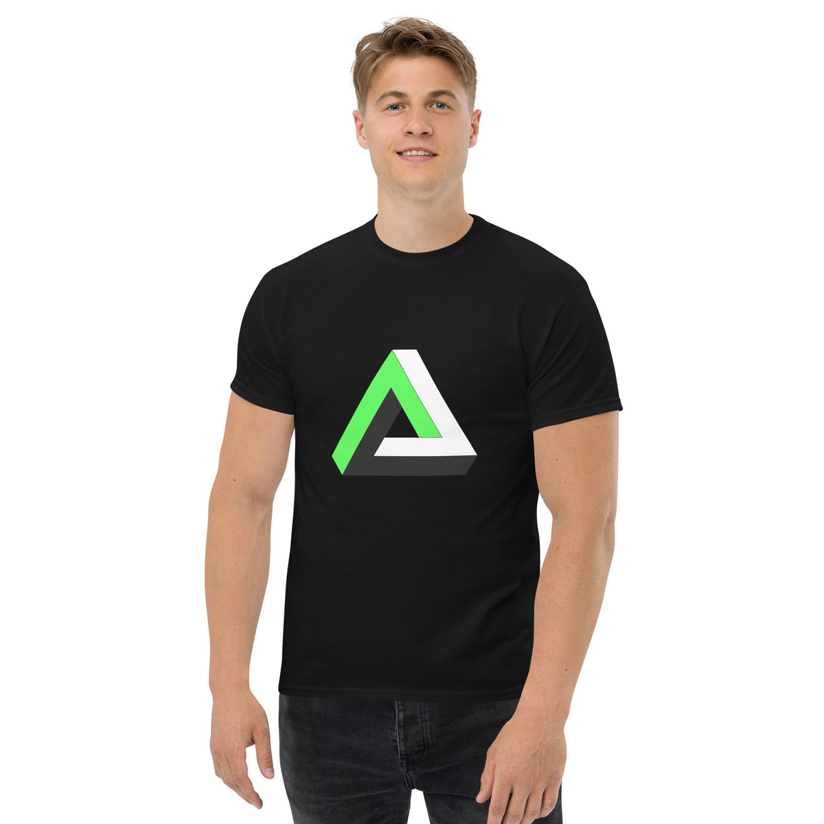Black T-shirt with green-and-white Penrose triangle graphic on the chest