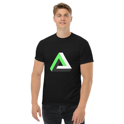 Black T-shirt with green-and-white Penrose triangle graphic on the chest