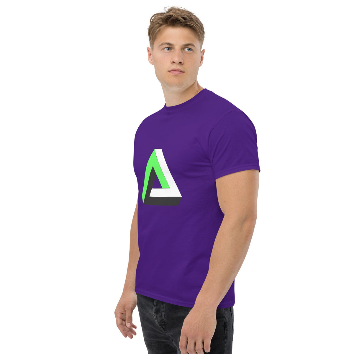 Purple T-shirt with green-and-white Penrose triangle graphic on the chest