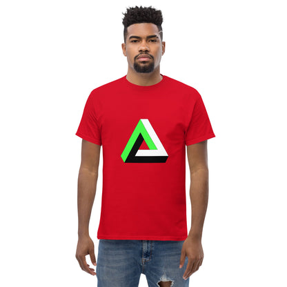 Red T-shirt with green-and-white Penrose triangle graphic on the chest