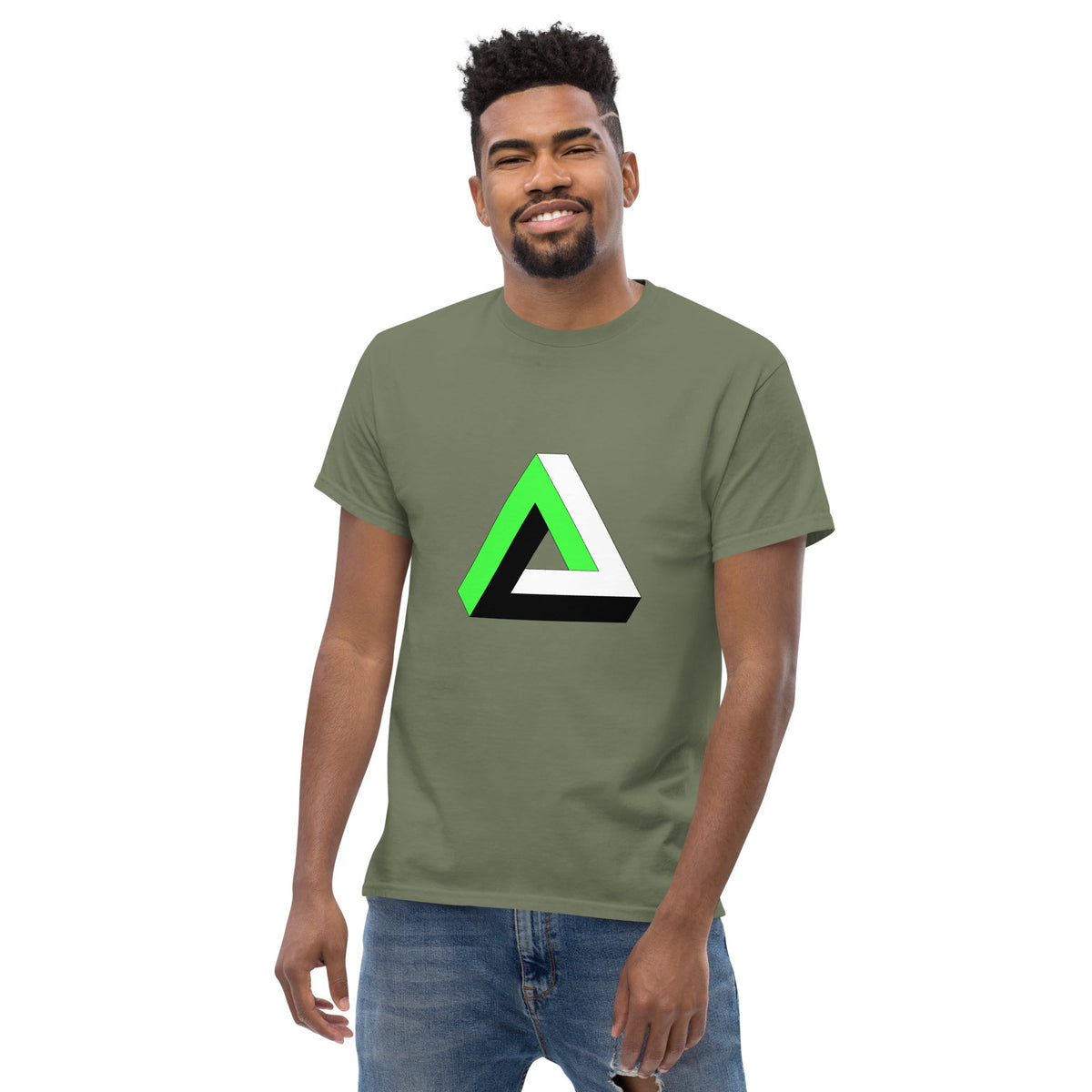Military green T-shirt with green-and-white Penrose triangle graphic on the chest
