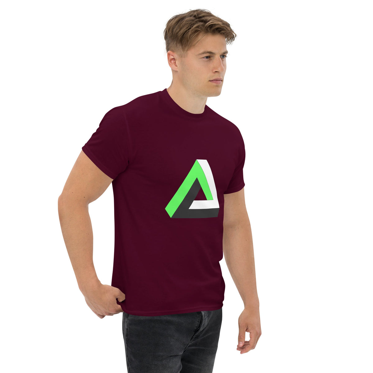 Maroon T-shirt with green-and-white Penrose triangle graphic on the chest