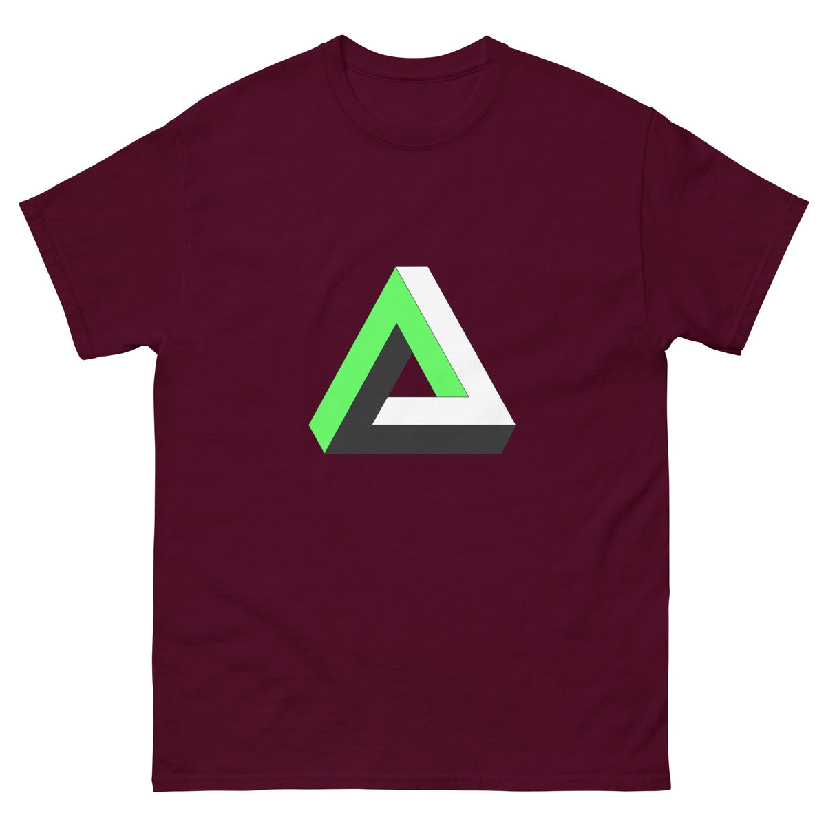 Maroon T-shirt with green-and-white Penrose triangle graphic at the center