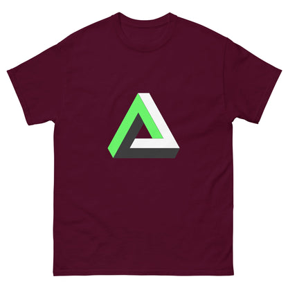 Maroon T-shirt with green-and-white Penrose triangle graphic at the center