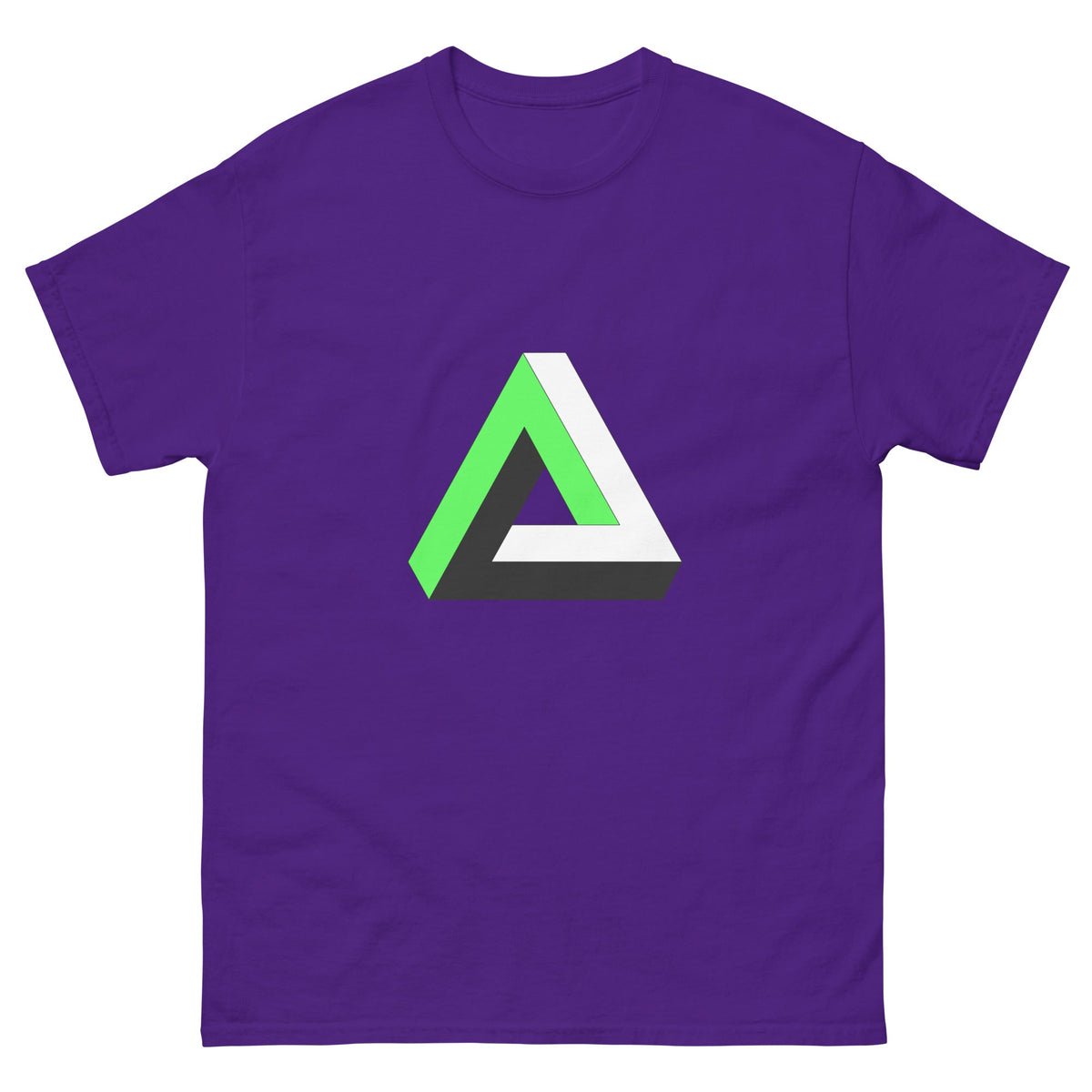 Purple T-shirt with colorful triangular graphic print on chest
