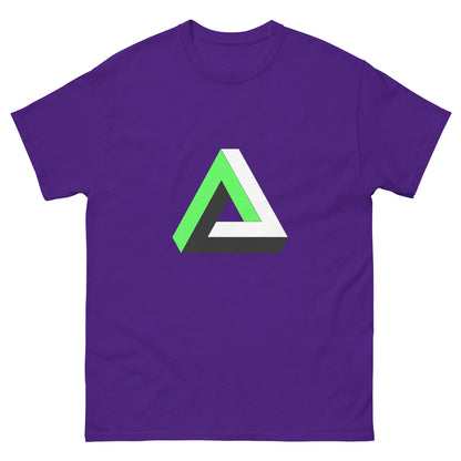 Purple T-shirt with colorful triangular graphic print on chest
