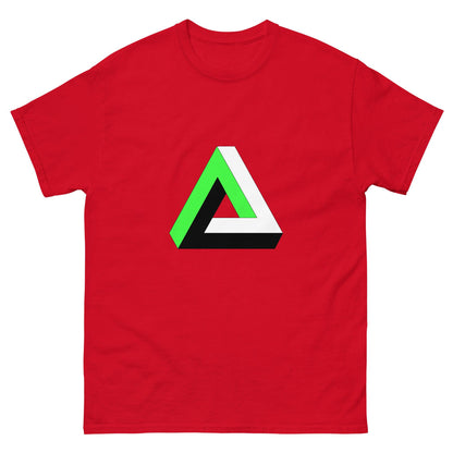 Red T-shirt with colorful triangular graphic print on chest