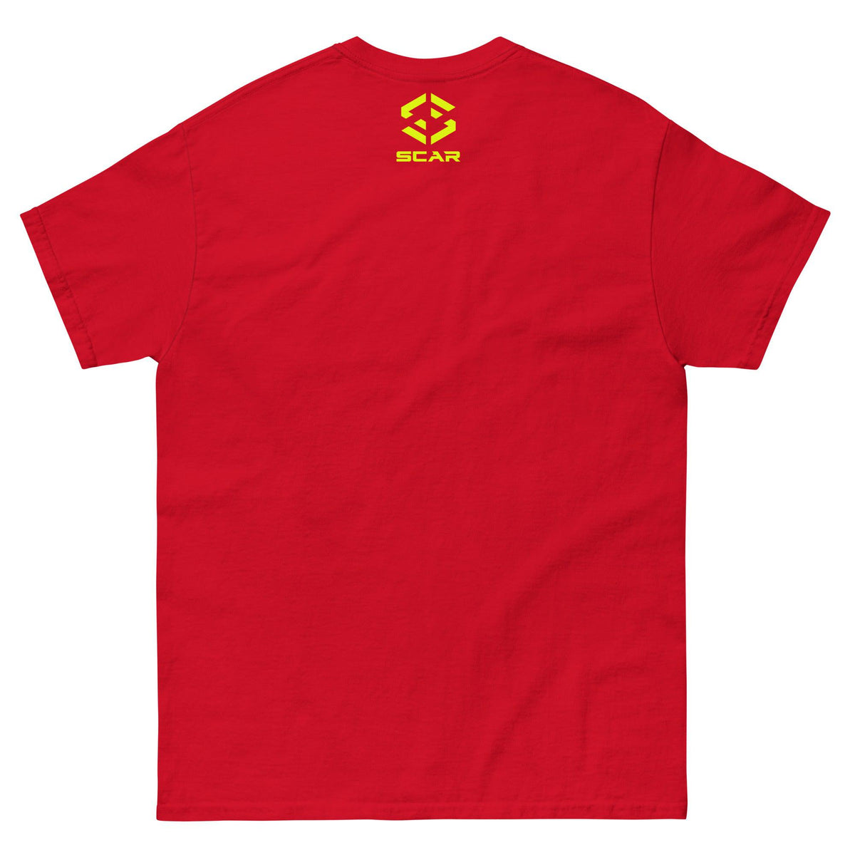Red T-shirt with SCAR logo printed on upper back
