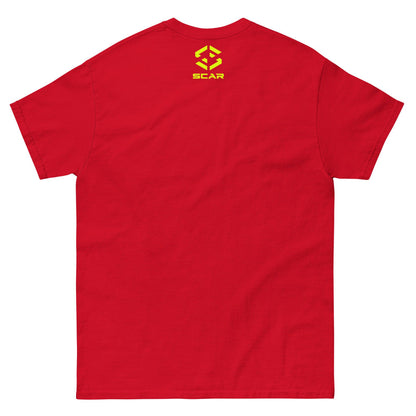 Red T-shirt with SCAR logo printed on upper back