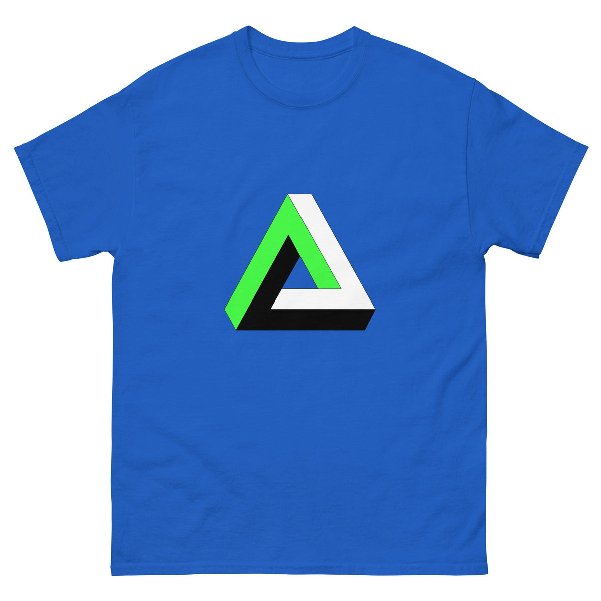 Royal blue T-shirt with colorful triangular graphic print on chest