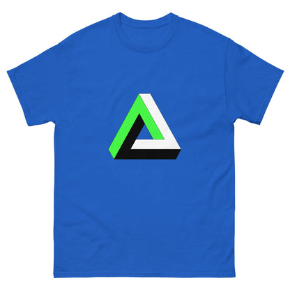 Royal blue T-shirt with colorful triangular graphic print on chest