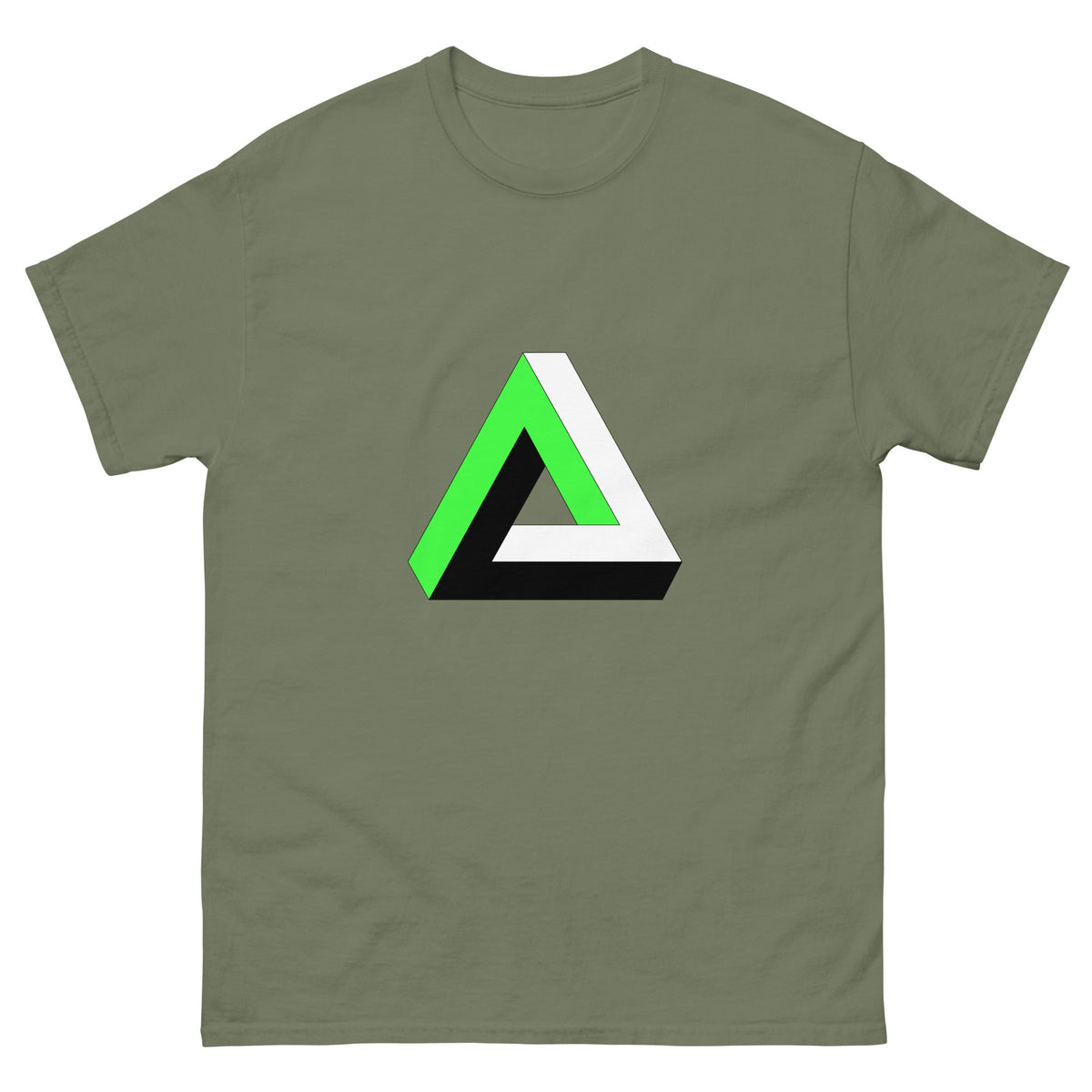Military green T-shirt with colorful triangular graphic print on chest