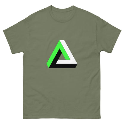 Military green T-shirt with colorful triangular graphic print on chest