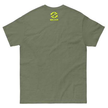 Military green T-shirt with SCAR logo printed on upper back