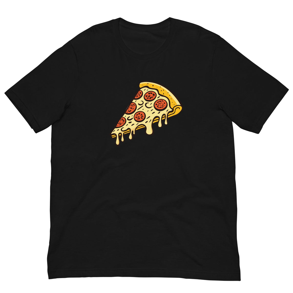 Black T-shirt with pepperoni pizza slice graphic on chest