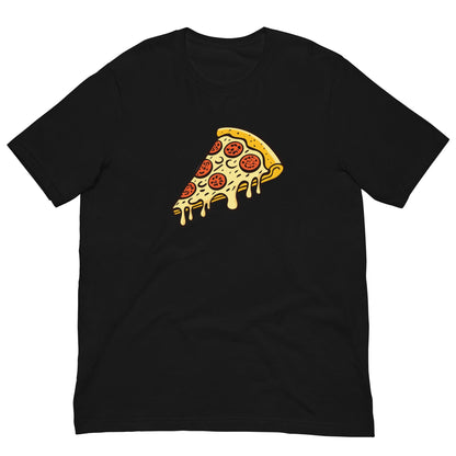 Black T-shirt with pepperoni pizza slice graphic on chest