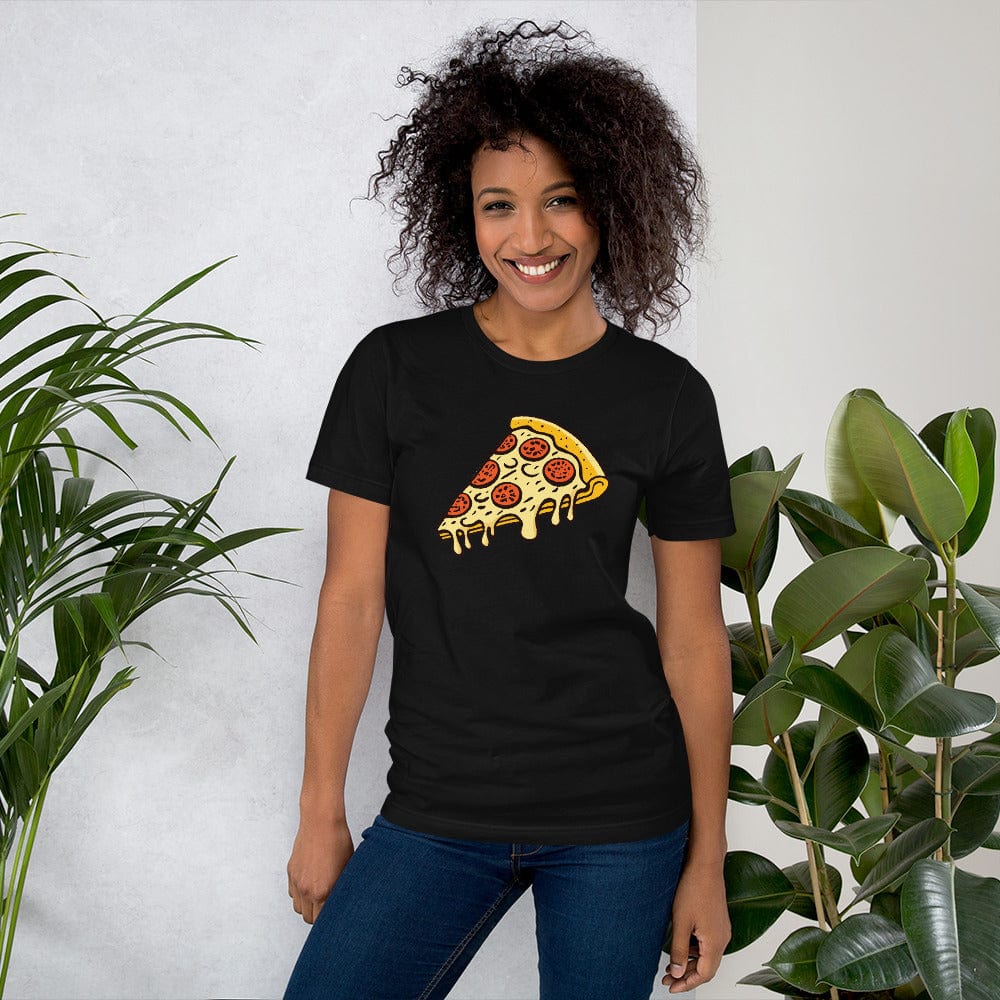 Black T-shirt with pepperoni pizza slice graphic on front