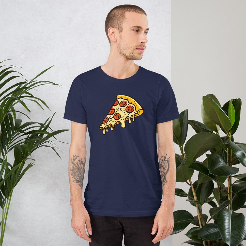 Navy T-shirt with pepperoni pizza slice graphic on chest