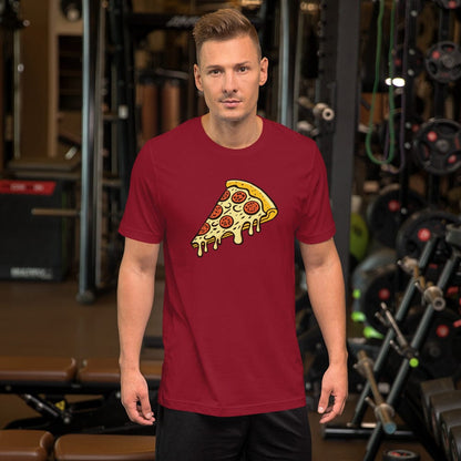 Cardinal red T-shirt with pepperoni pizza slice graphic on chest