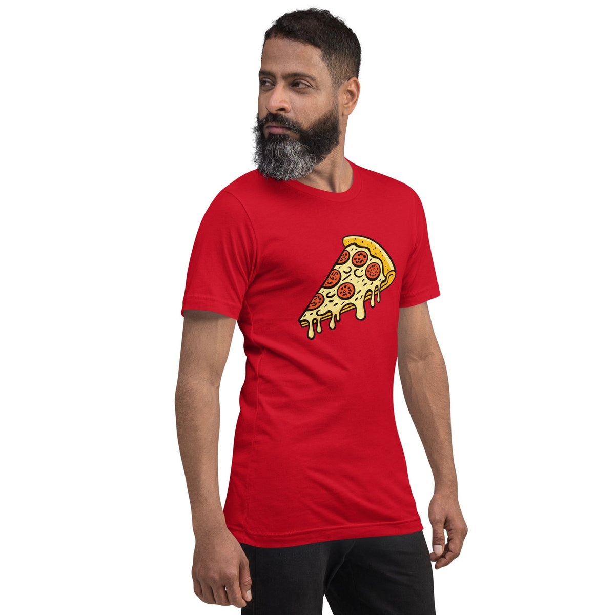 Red T-shirt with pepperoni pizza slice graphic on chest