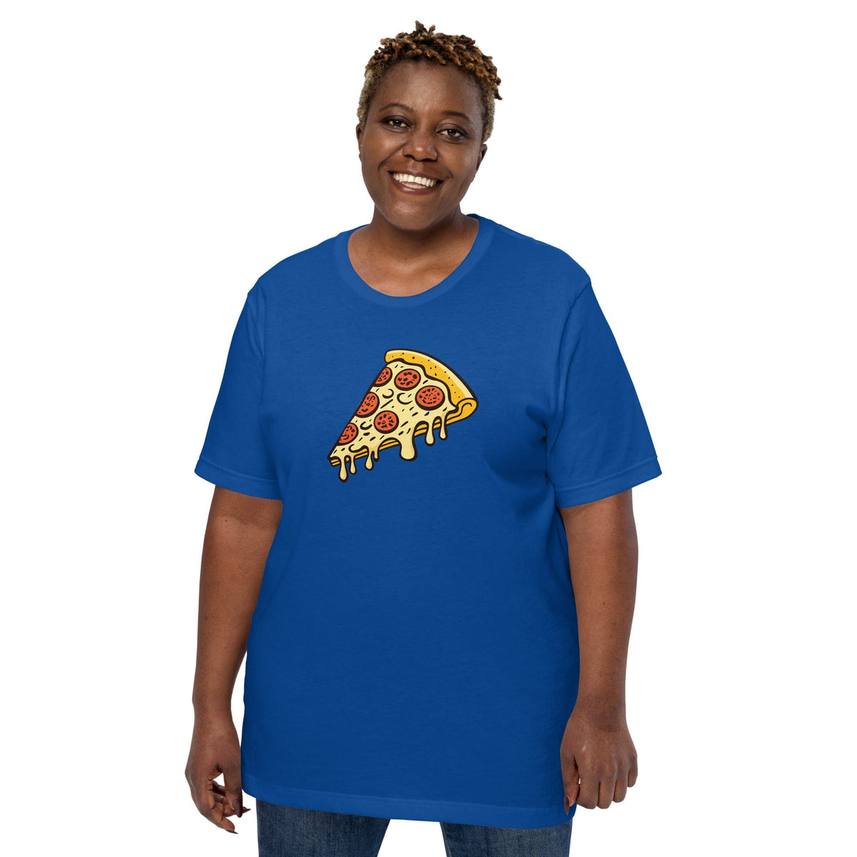 Blue T-shirt with pepperoni pizza slice graphic on front