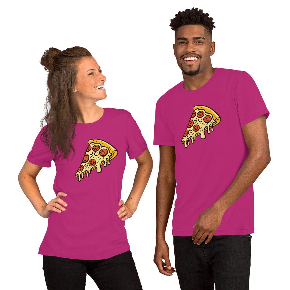 Berry T-shirt with pepperoni pizza slice graphic on chest