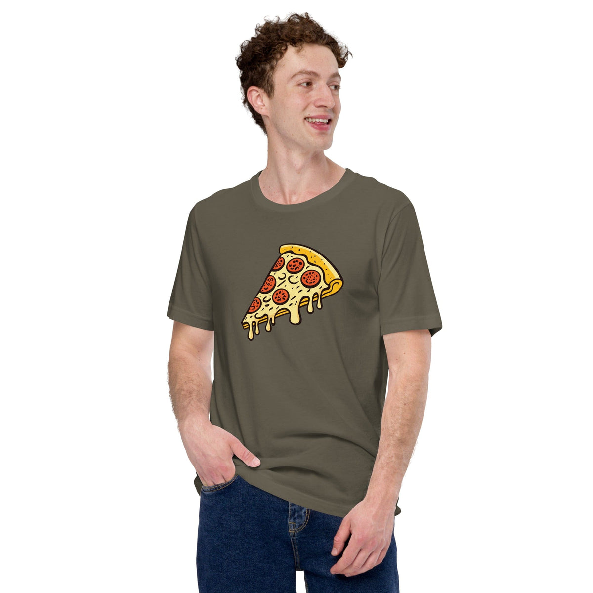 Army green T-shirt with pepperoni pizza slice graphic on front