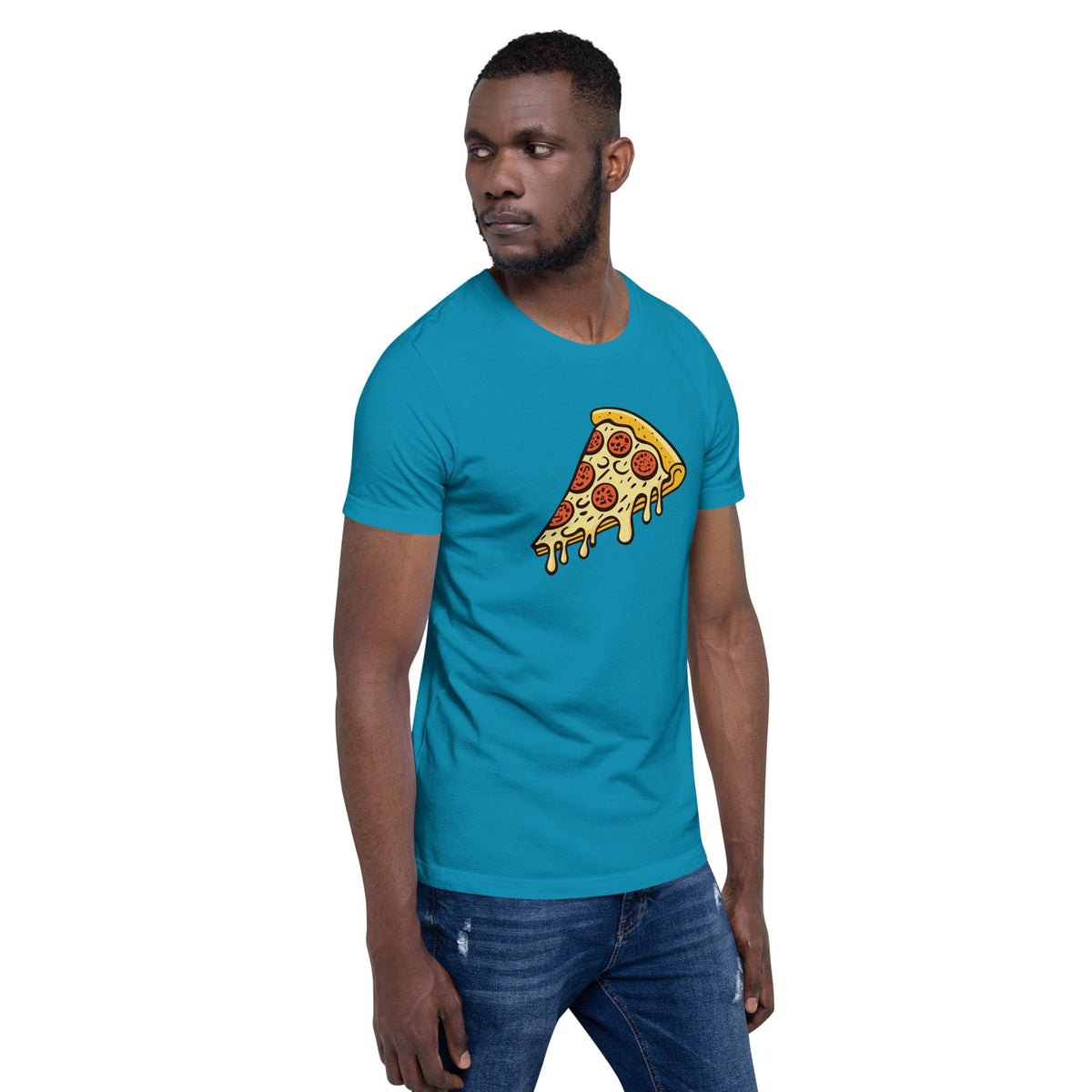 Aqua T-shirt with pepperoni pizza slice graphic on front