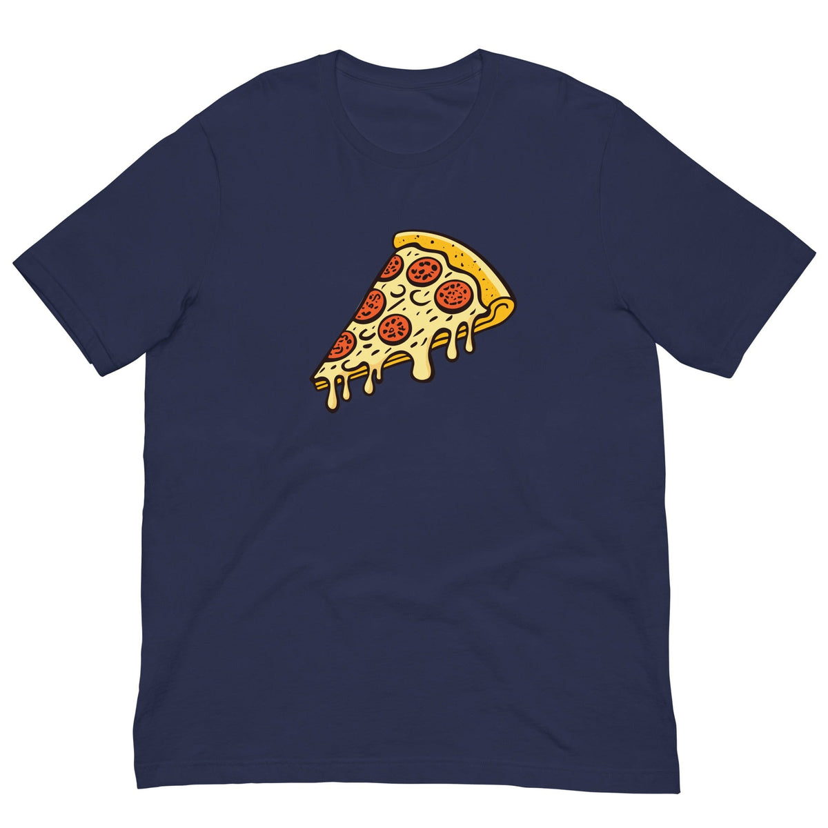 Navy Pepperoni pizza T-shirt with cartoon slice graphic on the front