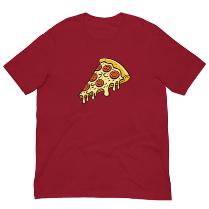 Cardinal red Pepperoni pizza T-shirt with cartoon pizza slice graphic on the front