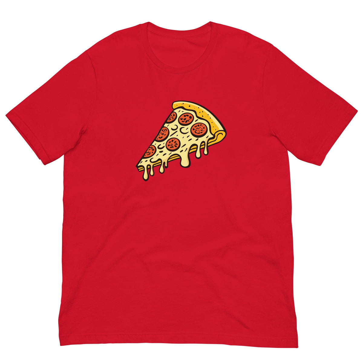 Red Pepperoni pizza T-shirt with cartoon pizza slice graphic on the front