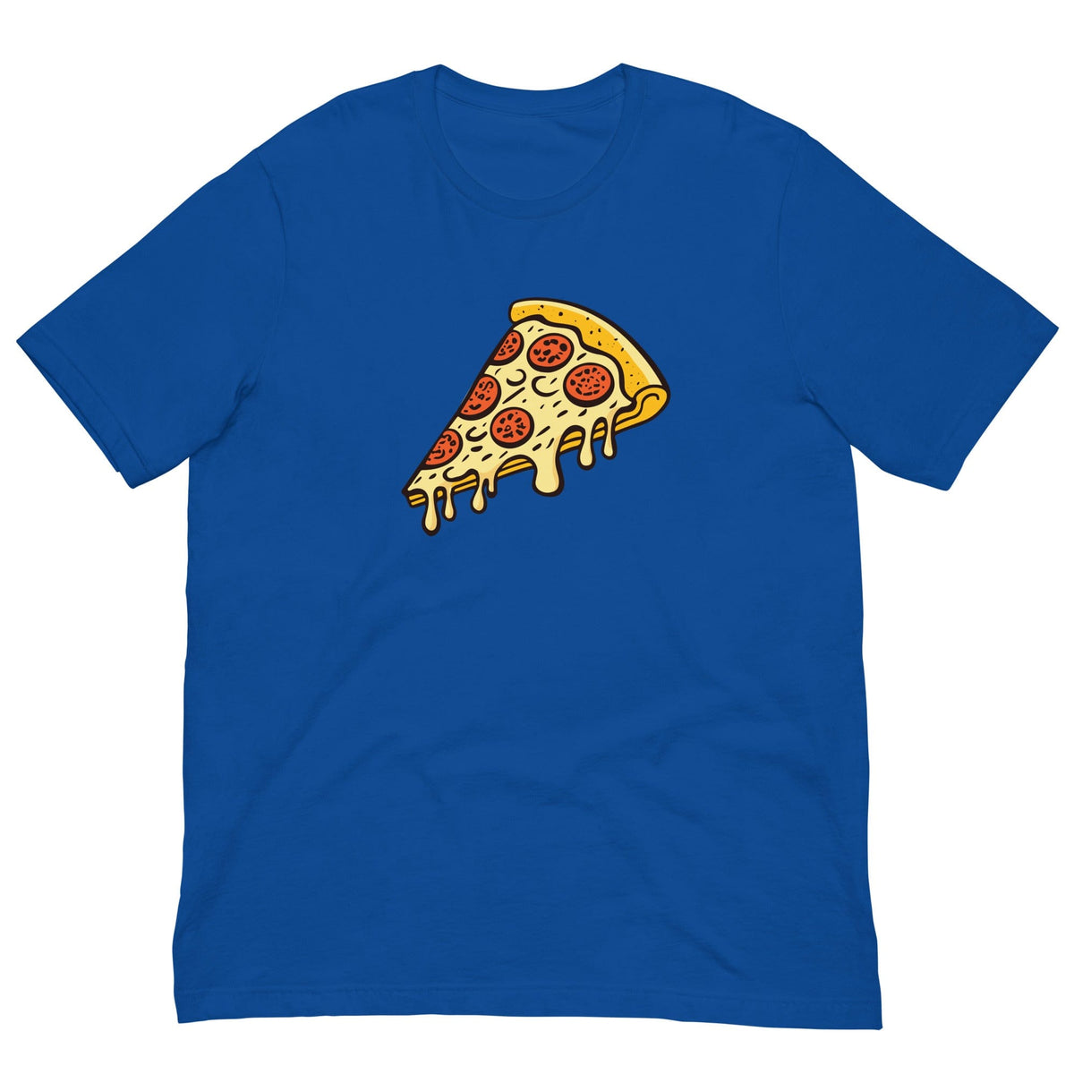 True royal blue Pepperoni pizza T-shirt with cartoon pizza slice graphic on the front