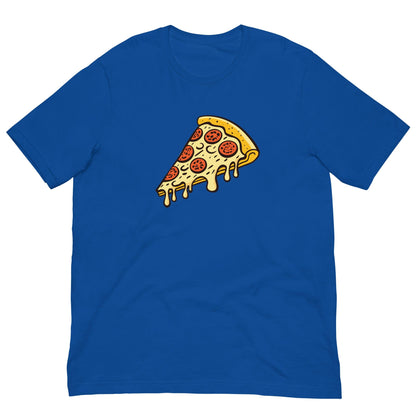 True royal blue Pepperoni pizza T-shirt with cartoon pizza slice graphic on the front