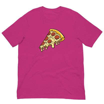 Berry pink Pepperoni pizza T-shirt with cartoon pizza slice graphic on the front