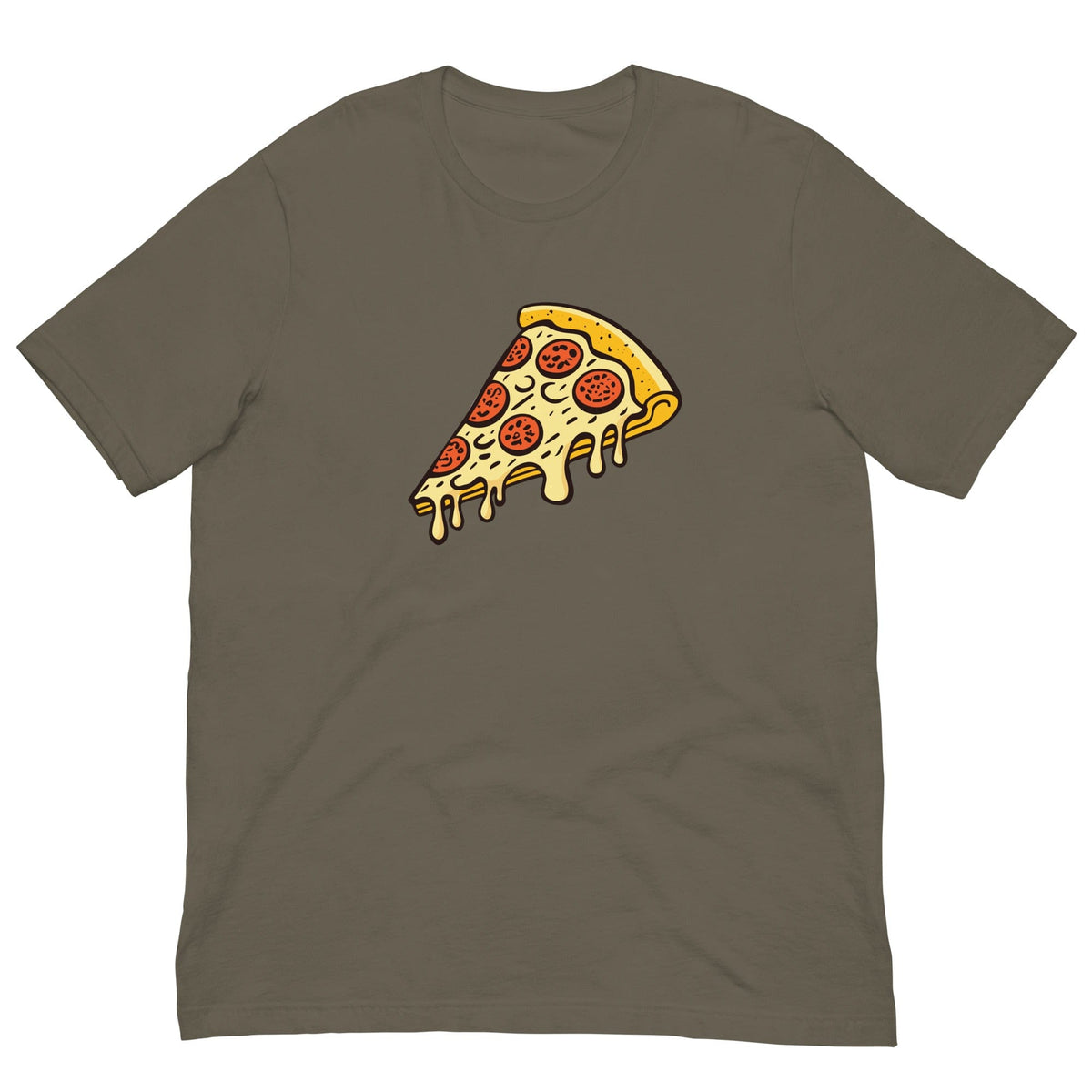 Army olive Pepperoni pizza T-shirt with cartoon pizza slice graphic on the front