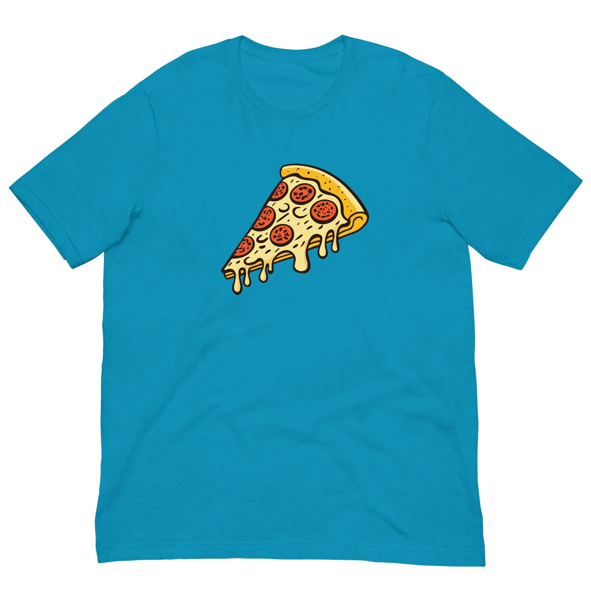 Aqua Pepperoni pizza T-shirt with cartoon pizza slice graphic on the front