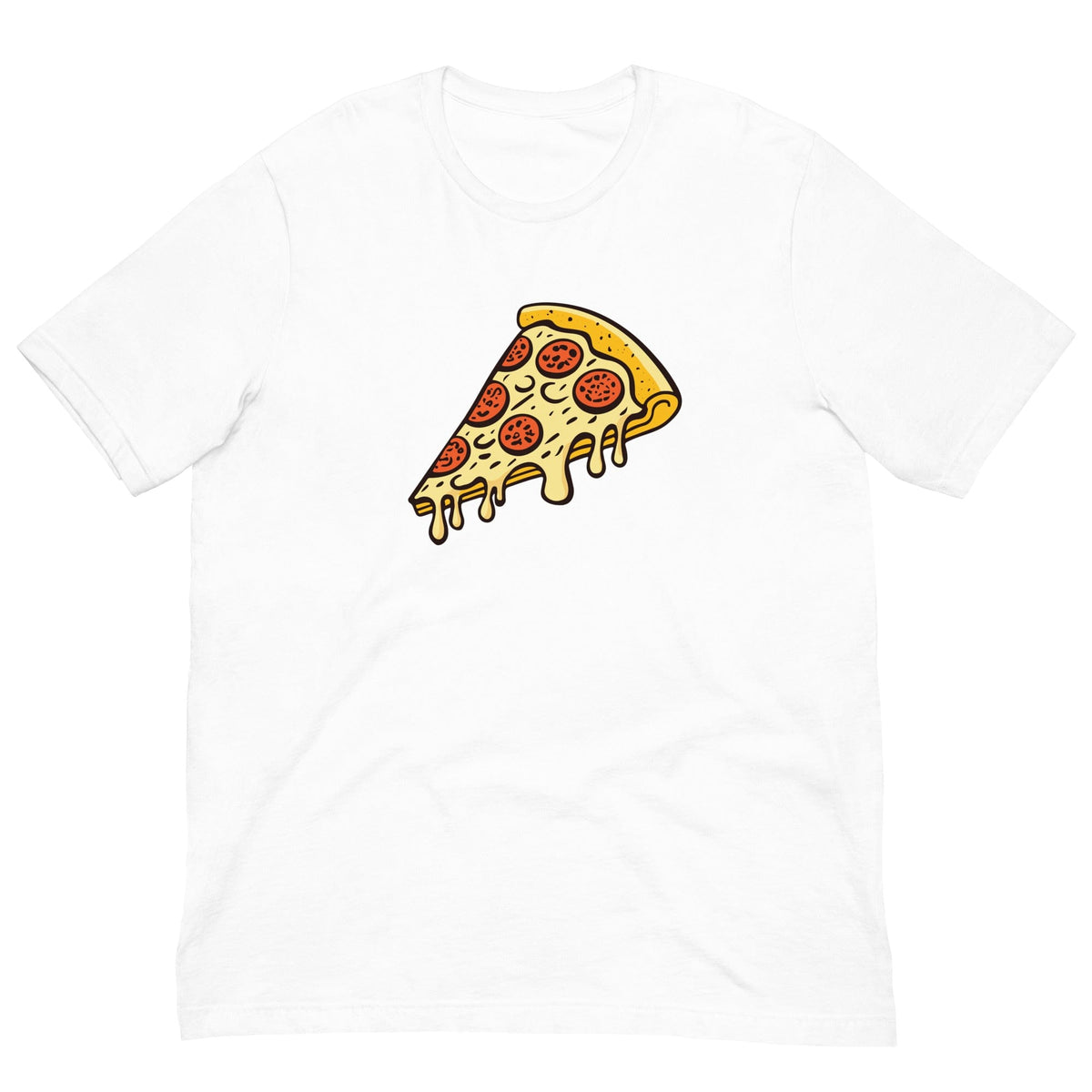White Pepperoni pizza T-shirt with cartoon pizza slice graphic on the front