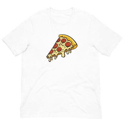 White Pepperoni pizza T-shirt with cartoon pizza slice graphic on the front