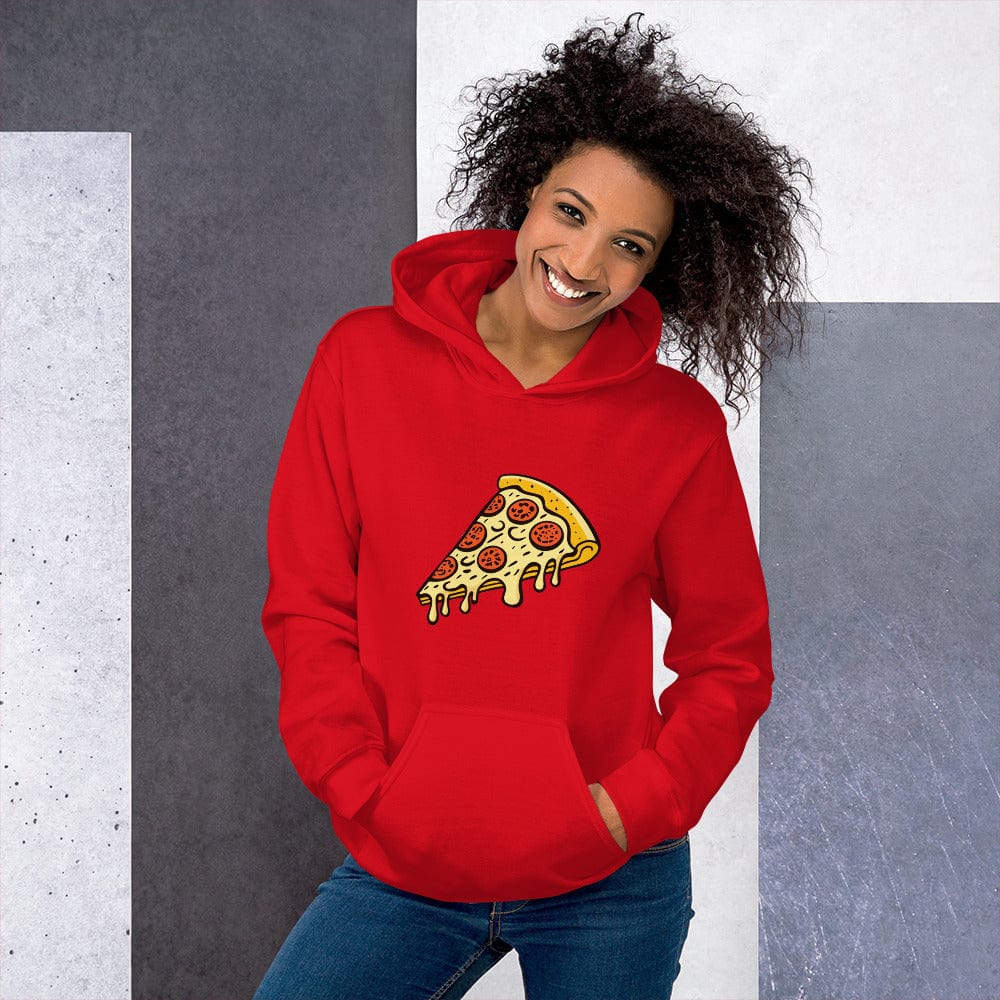 Red unisex hoodie with pepperoni pizza graphic and front pouch pocket
