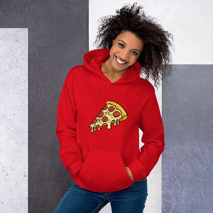 Red unisex hoodie with pepperoni pizza graphic and front pouch pocket